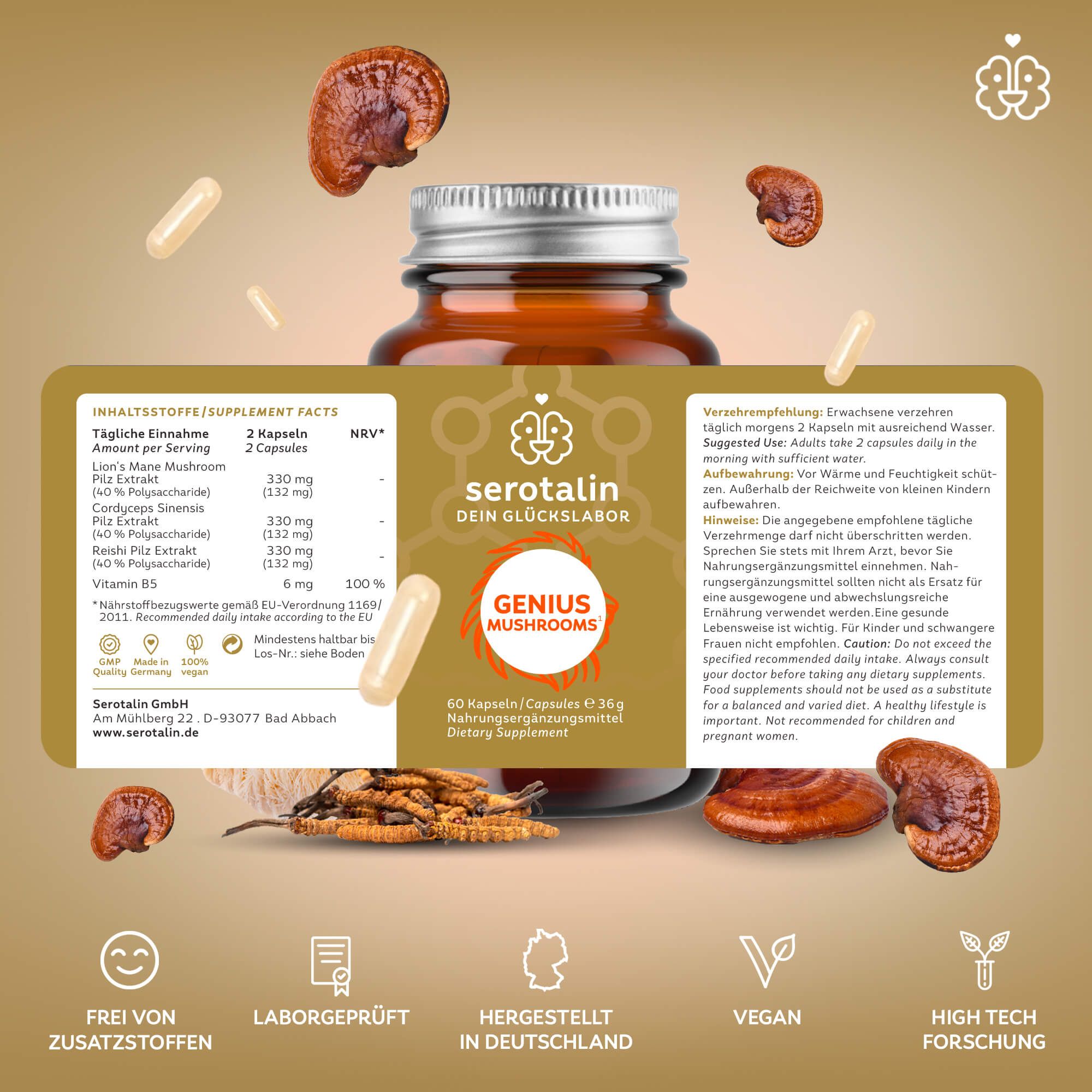 serotalin® GENIUS MUSHROOMS Reishi I Lion's Mane I Cordyceps I 60 Vitalpilz-Kapseln hochdosiert