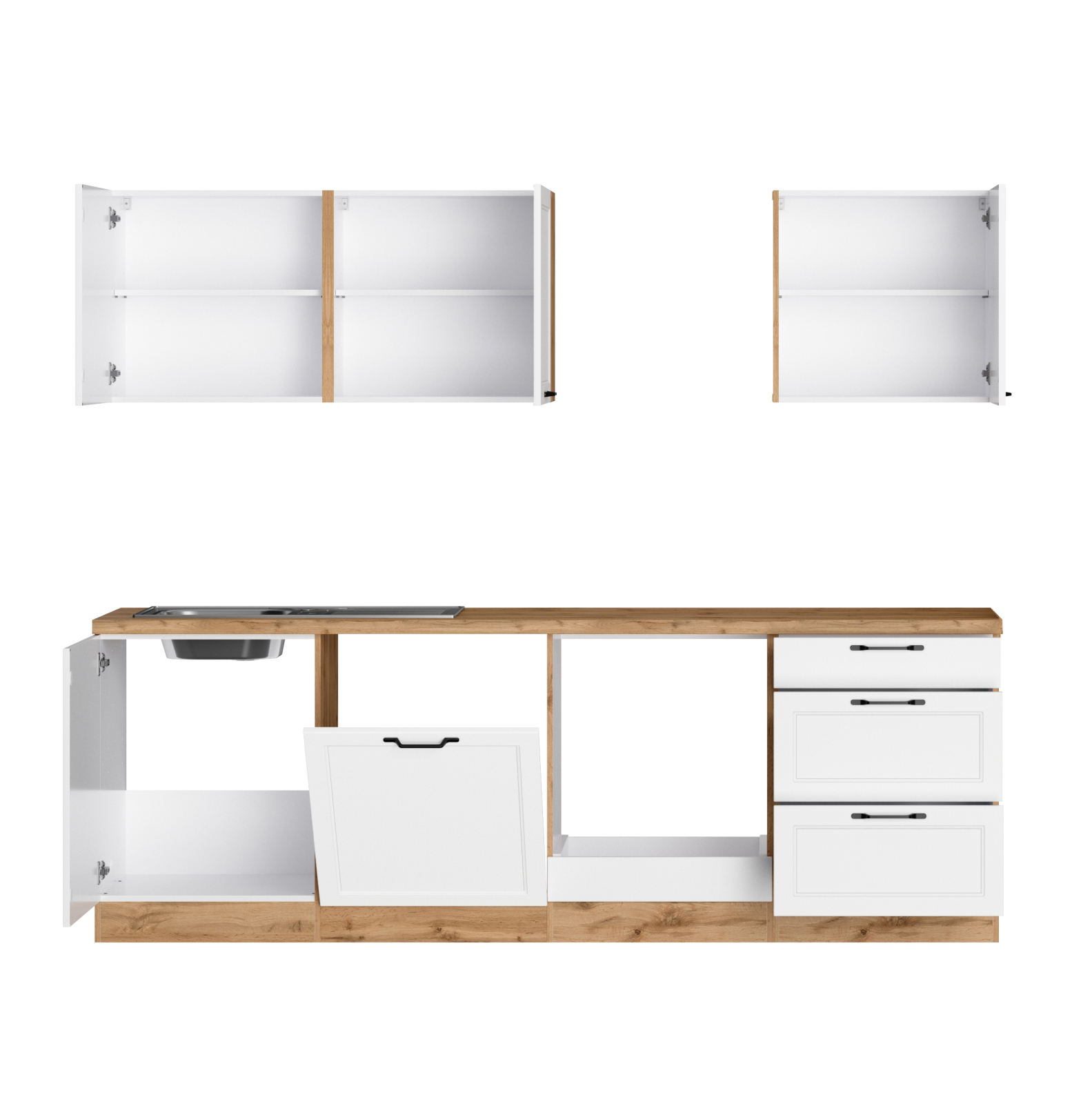Küchenzeile MERAN - weiß - Wotaneiche - 240 cm