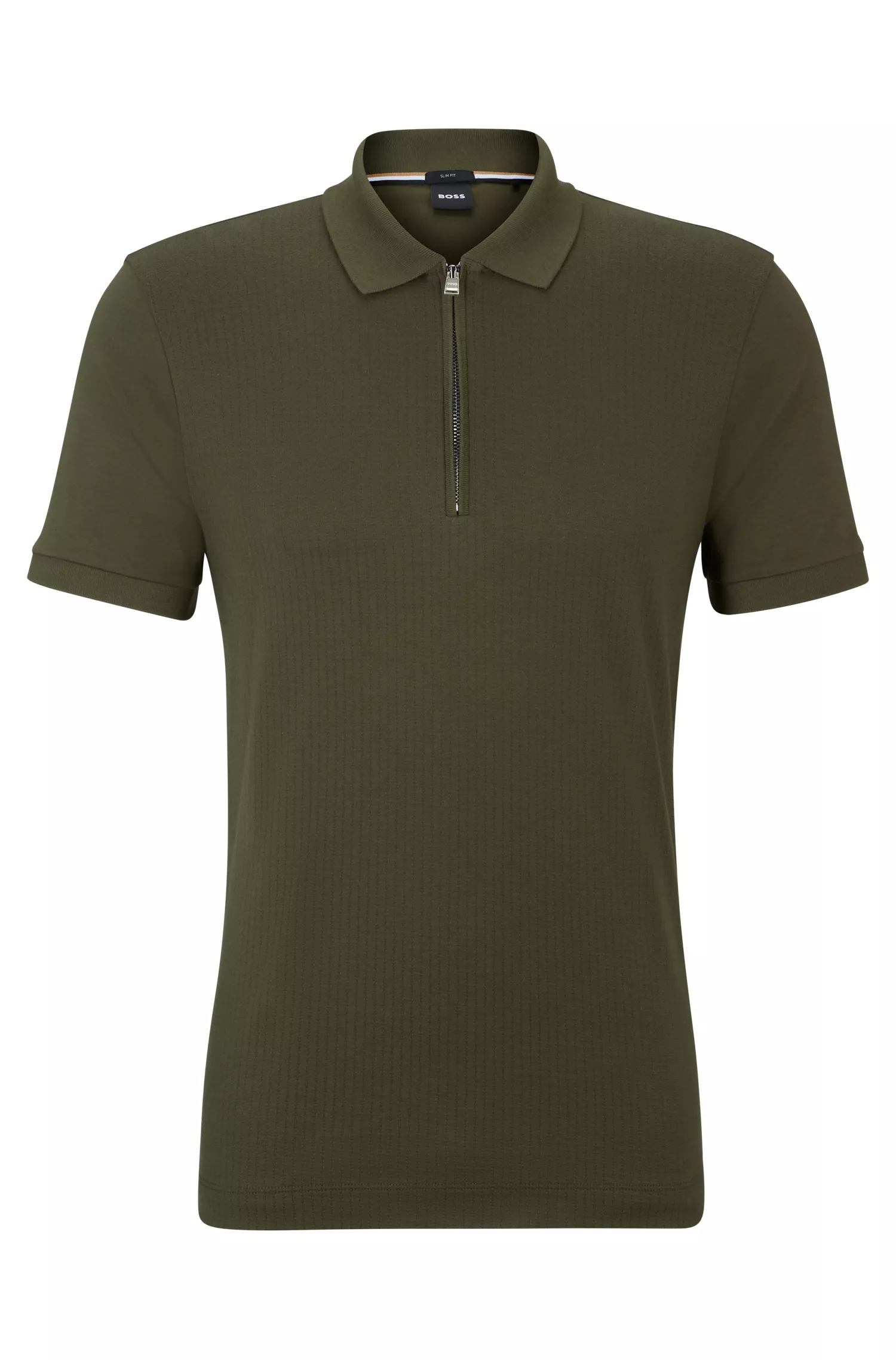 Camisa polo BOSS preta, estruturada em algodão, corte slim, com fecho de zíper.