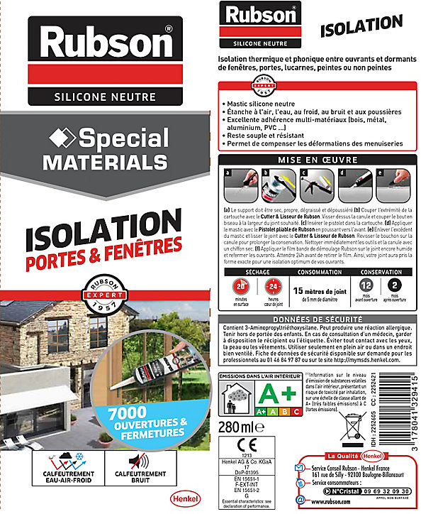 Mastic Rubson Special Materials Isolation Porte & Fenêtre transparent cartouche 280ml
