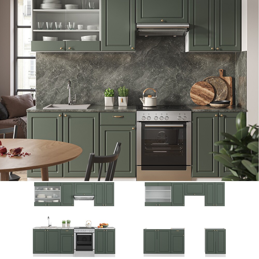 Vicco Küchenzeile Küchenblock Einbauküche Fame-Line Landhaus Weiß Grün Gold 240 cm Küchen Schränke Spülenunterschrank Schubunterschrank Hängeschrank Hängeglasschrank