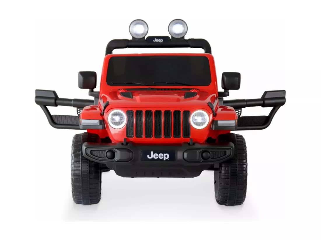 Voiture électrique 12V pour enfant - JEEP Wrangler Rubicon 2 roues motrices. rouge. 1 place. avec autoradio. télécommande. MP3. port USB / carte SD. prise jack et phares fonctionnels