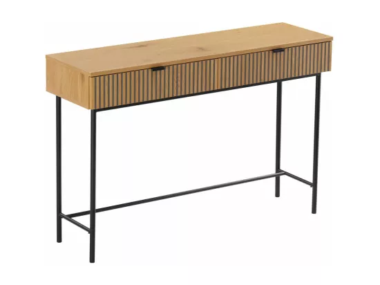 SCOTT - Console 2 tiroirs décor effet bois rainuré noir/naturel