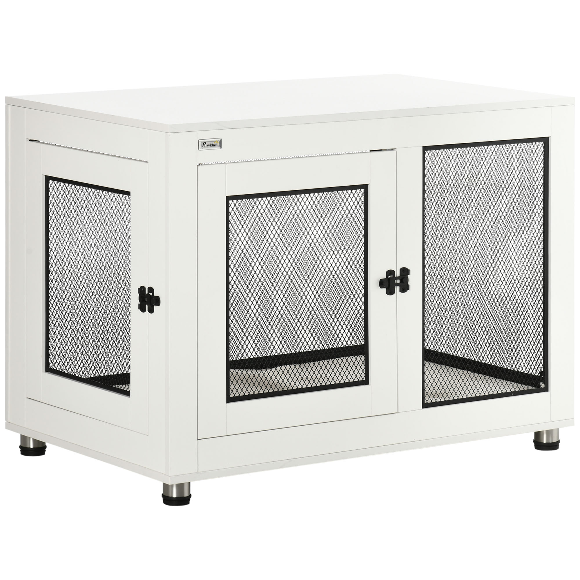 Mesa de centro PawHut em madeira, com formato de gaiola para cães, dimensões de 94x60x71,5 cm, estilo móvel, com 2 portas com fecho, almofada em tecido Oxford e grades de aço, na cor branca.