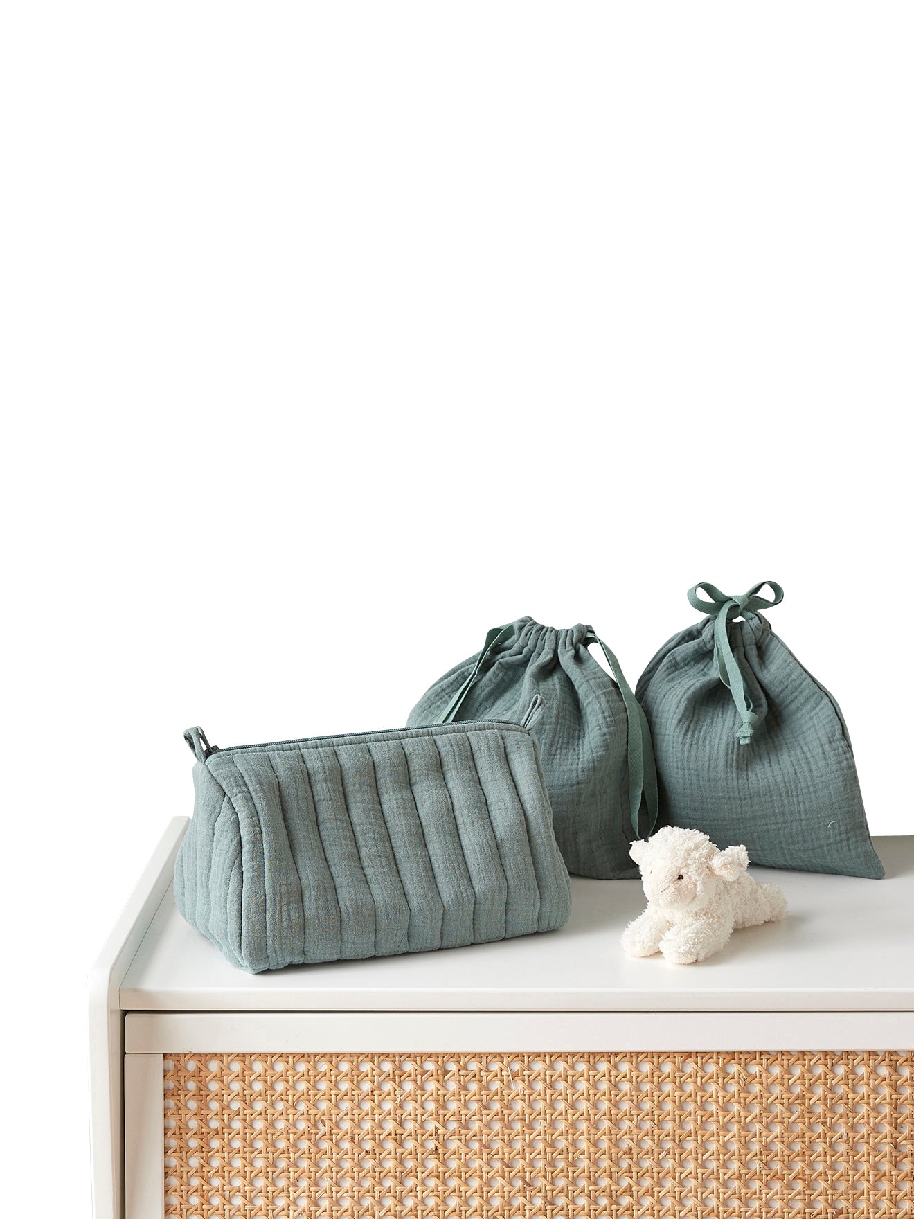 Trousse de toilette et pochons gaze de coton