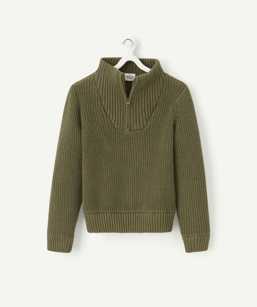 PULL COL MONTANT SEMI-ZIPPÉ GARÇON EN TRICOT KAKI
