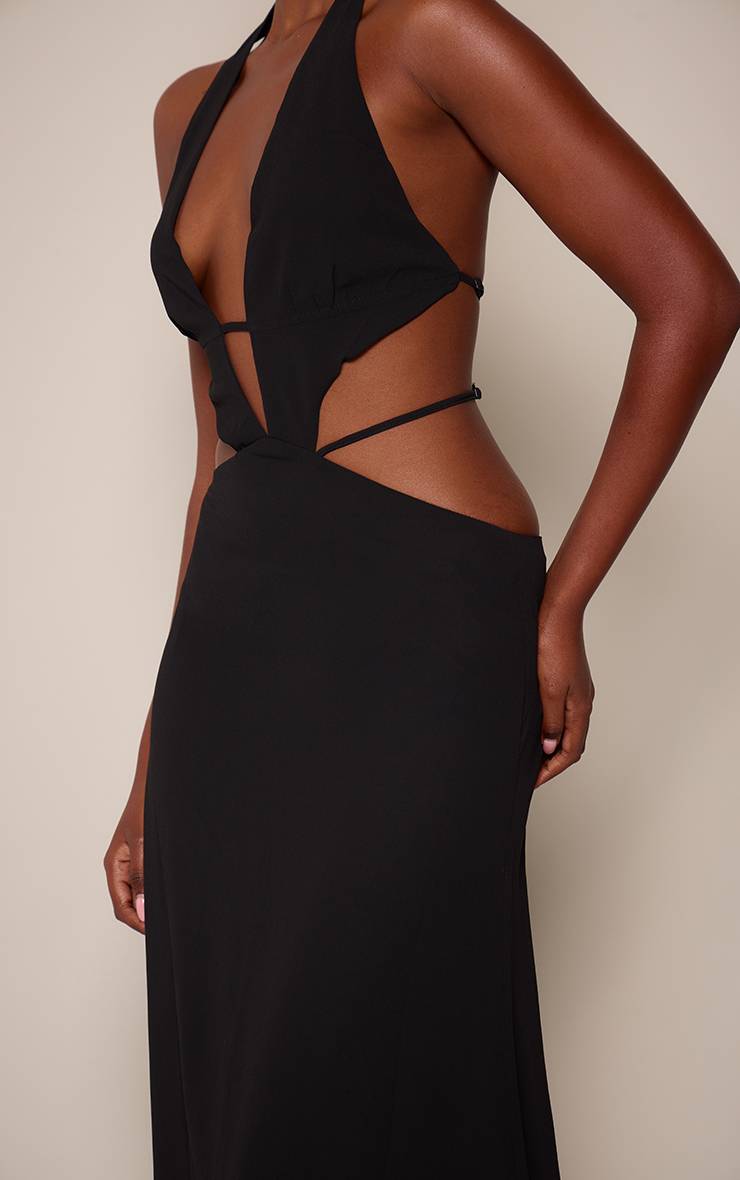 Noir Robe Longue En Mousseline À Décolleté Plongeant Et Découpes