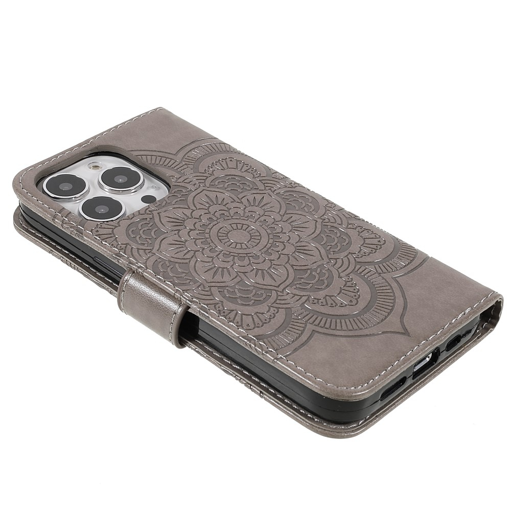 iPhone 13 Pro Leder Tasche Wallet - Mandala Flowers Imprint - Grau