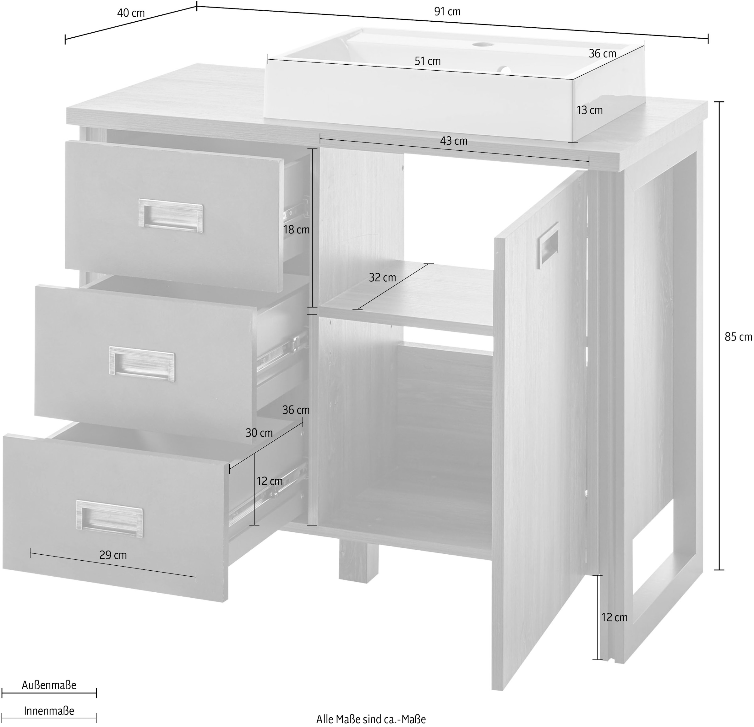 Home affaire Waschtisch »Detroit, Unterschrank mit Apothekergriff, Badschrank, Industrialdesign« Eiche Dekor, mit Stauraum, inkl. Mineralguss-Waschbecken, Breite 91 cm