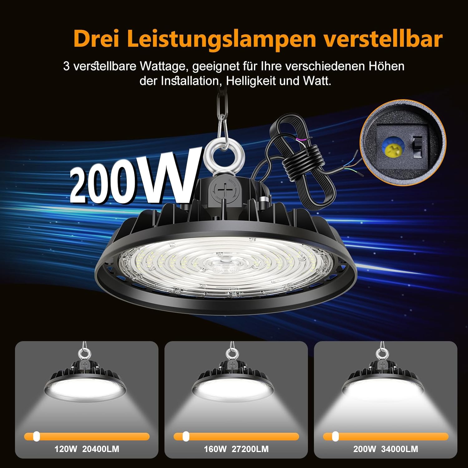 4 Stück UFO LED Hallenstrahler 200W LED Werkstattlampe Superhelle 34000lm Werkstatt Deckenleuchte Lampe 6000K Hallenleuchte IP65 (120W/160W/200W) Dimmbar 5 Jahre Garantie