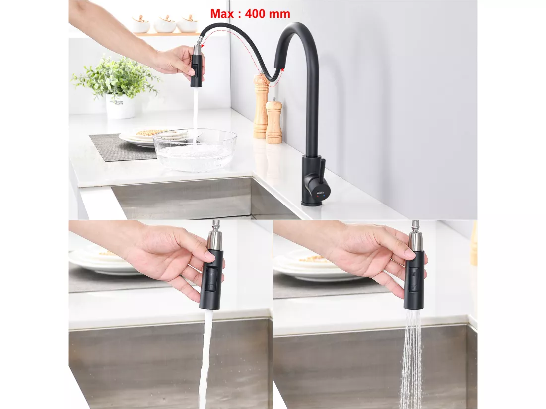 LONHEO MAX Mitigeur de Cuisine Noir 7-Forme avec 2 Fonctions Douchette Extractible Robinet d'évier Rotatif à 360° en Inox avec Barboteur démotable