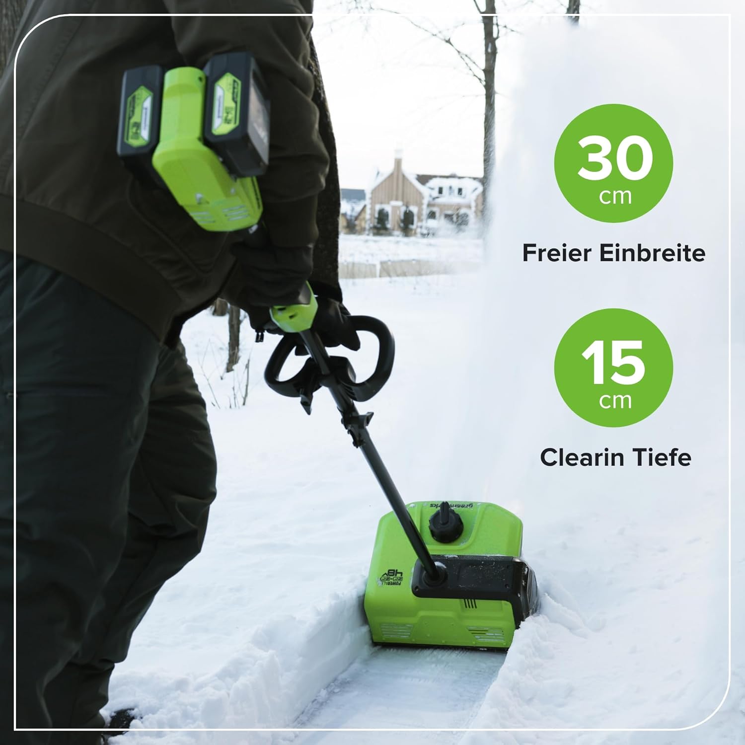 Greenworks Akku-Schneefräse 24V x 2 (Li-Ion, 48 V, Arbeitsbreite 30 cm, max. Schneehöhe 20 cm, mit 2X 4Ah Akkus & 65W USB C Ladegerät) - SS3002