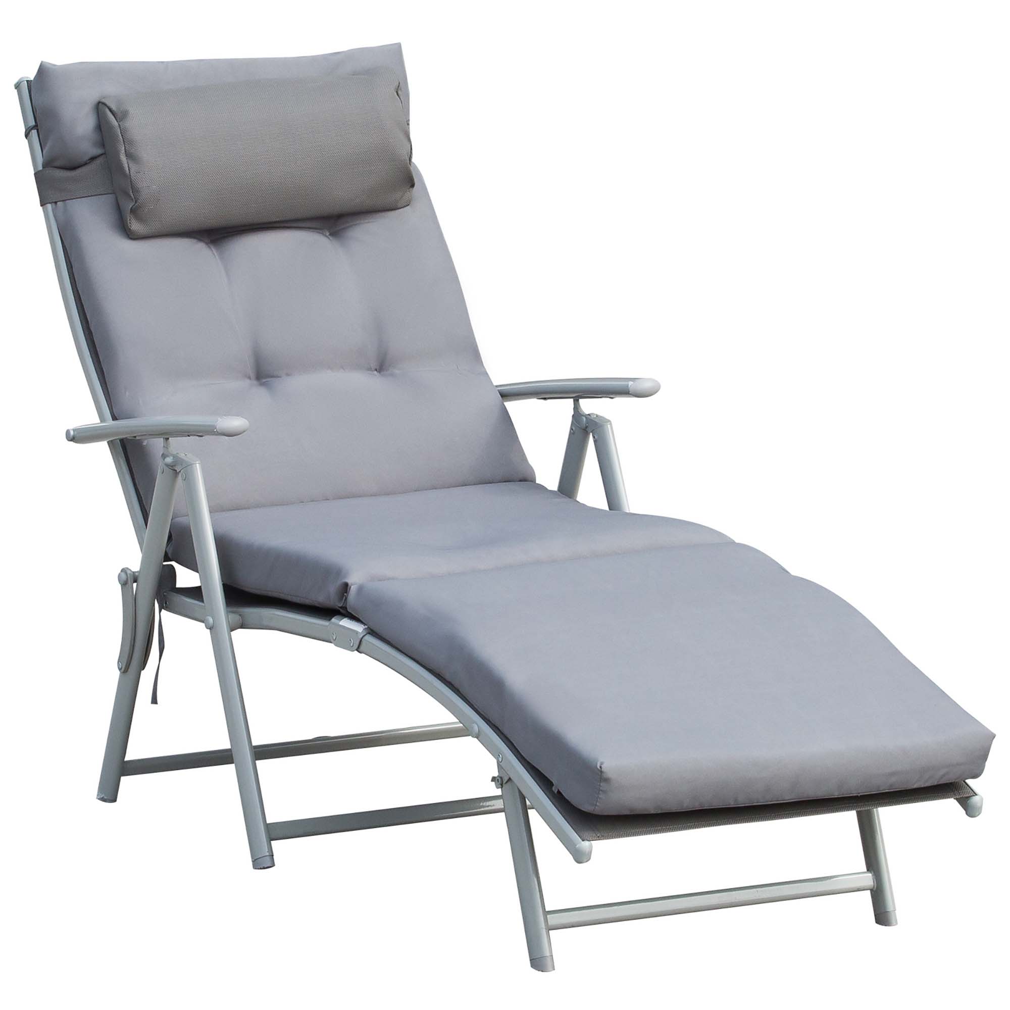 Espreguiçadeira dobrável Outsunny para jardim, com encosto ajustável em 7 posições, almofada para corpo inteiro e cabeça, ideal para pátio e piscina, suporta até 165 kg, dimensões 137 x 63,5 x 100,5 cm, cor cinza.