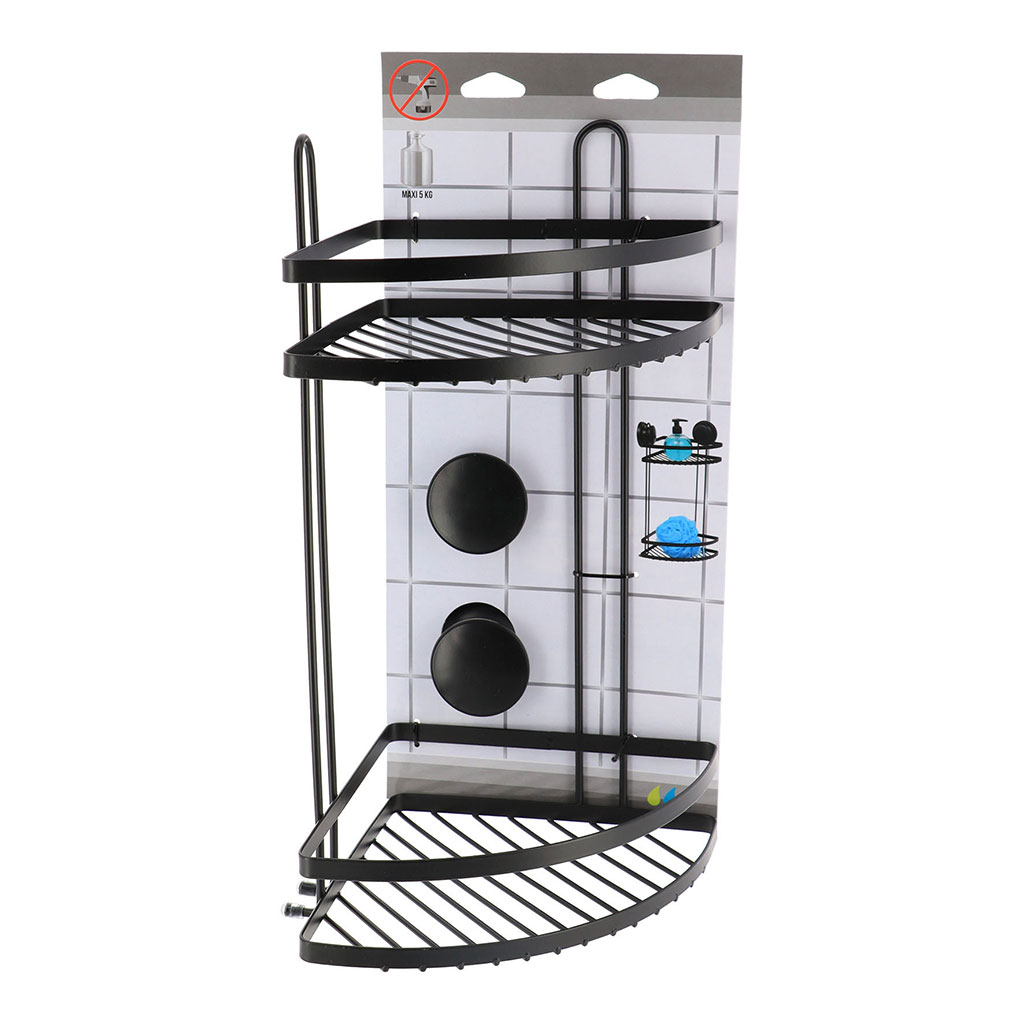 Etagère d'angle de douche 2 paniers métal noir 20x39x20cm
