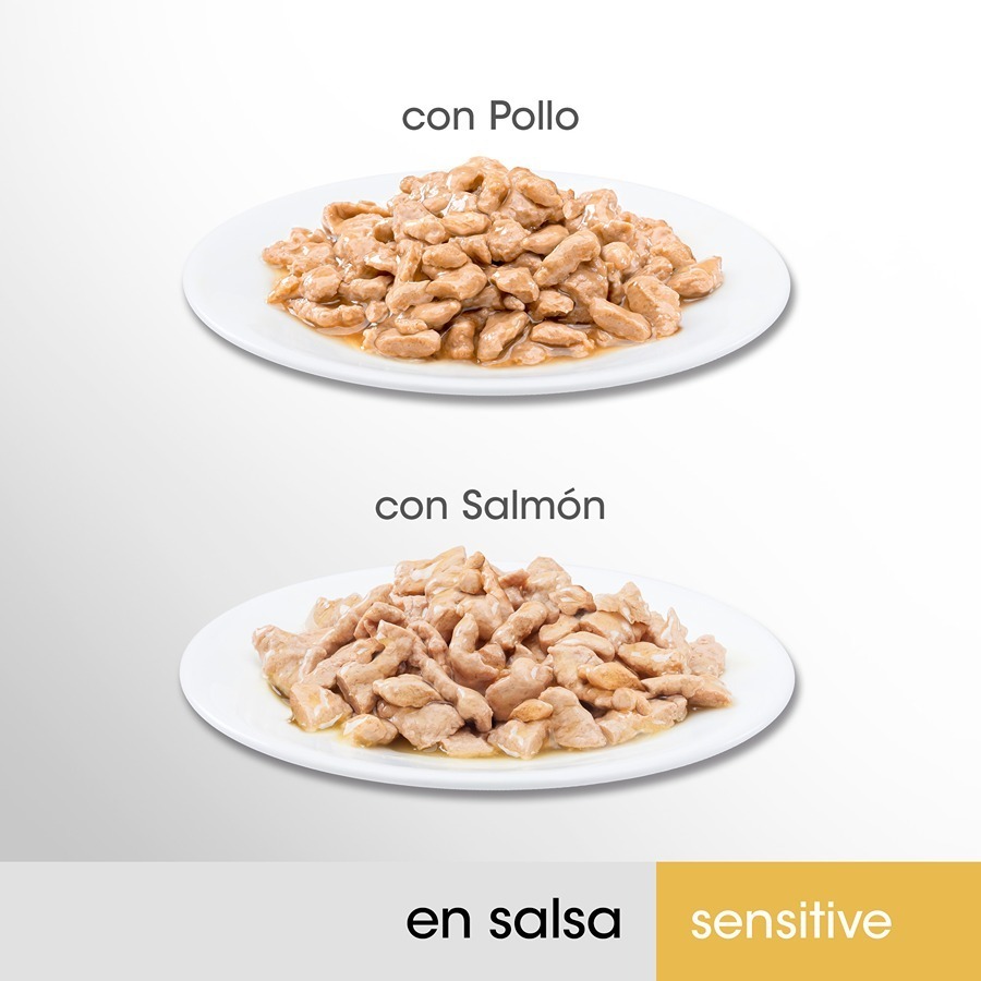 Sachê esterilizado de frango e salmão ao molho Perfect Fit Adult Sensitive para gatos.