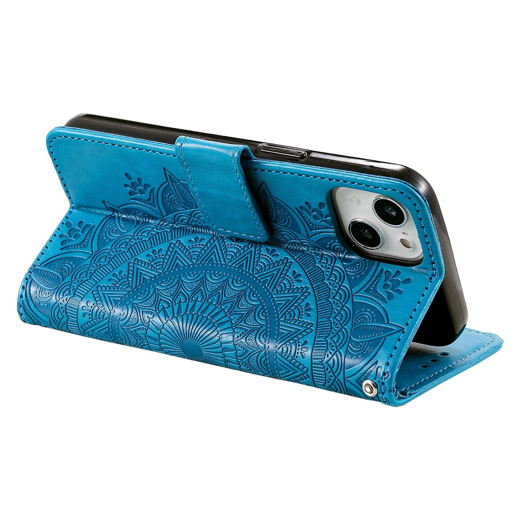 iPhone 14 Leder Tasche Wallet - Mandala Flowers Imprint - Blau