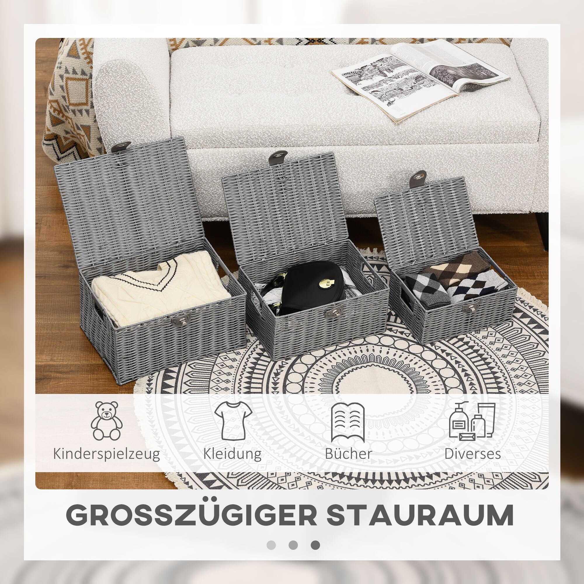 HOMCOM Aufbewahrungskörbe Set mit Verschluss grau 35,5L x 28,5B x 18H cm