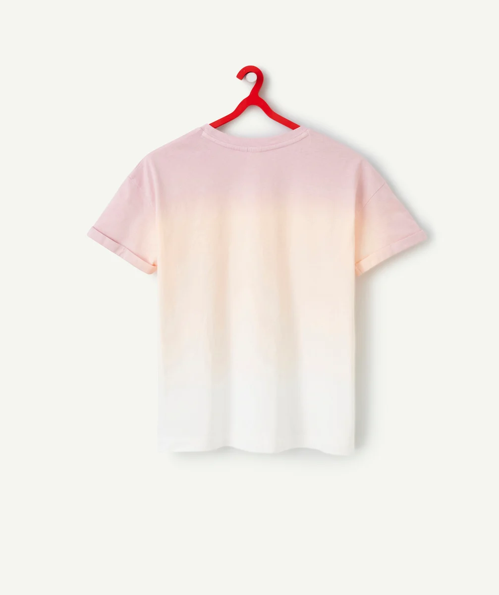 t-shirt fille en coton bio tie and dye mauve et rose avec messages