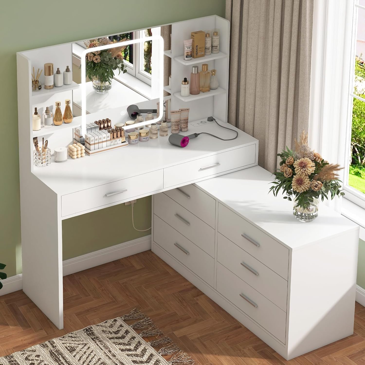 TEENFON Schminktisch mit LED-Licht Spiegel & Steckdose, 8 Schubladen, 6 Ablageflächen, 3 Farben mit Einstellbarer Helligkeit Kosmetiktisch, Ecke Vanity, L-Form ändern, Weiß MW4606608