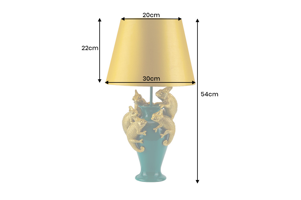 Handgefertigte Tischlampe CHAMELEON 55cm grün gold Skulptur gelber Stoffschirm