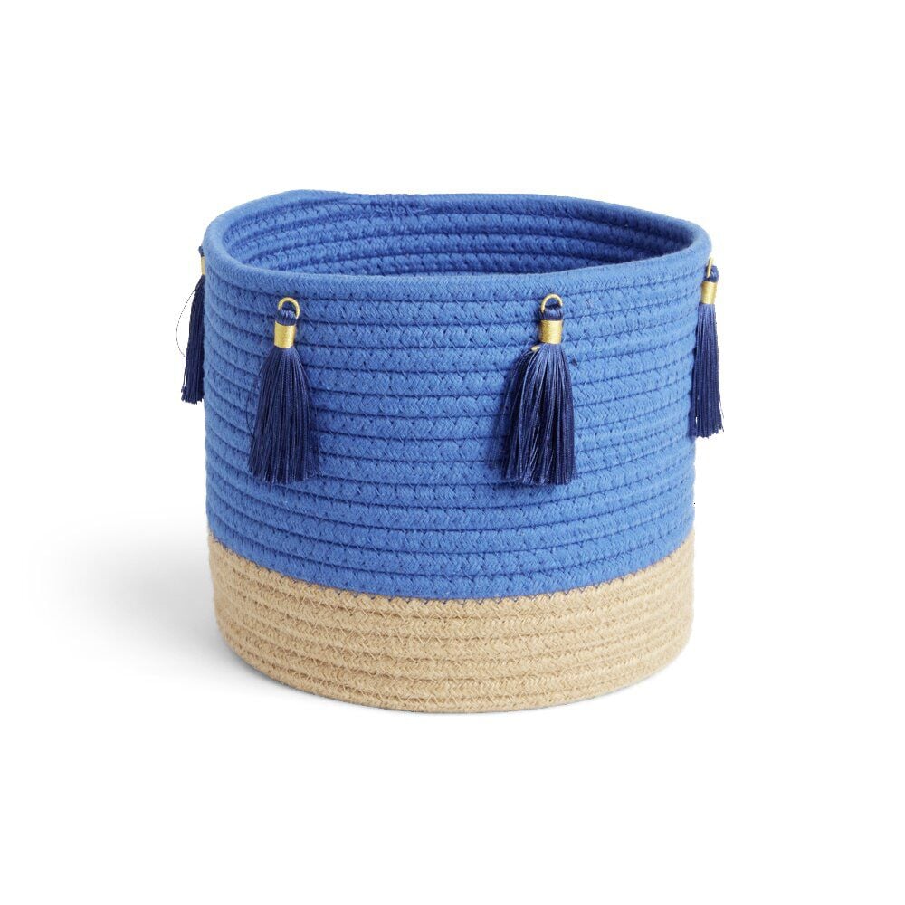 Panière naturelle jute coton beige et bleu Ø22xH20cm