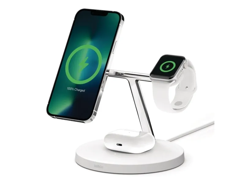 Belkin BoostCharge Pro - Trådløs opladningsstander - med MagSafe   AC-strømadapter - 15 Watt - Fast Charge - hvid - for Apple AirPods; AirPods Pro; iPhone 12, 13; Watch Series 4, Series 5, Series 6, Series 7