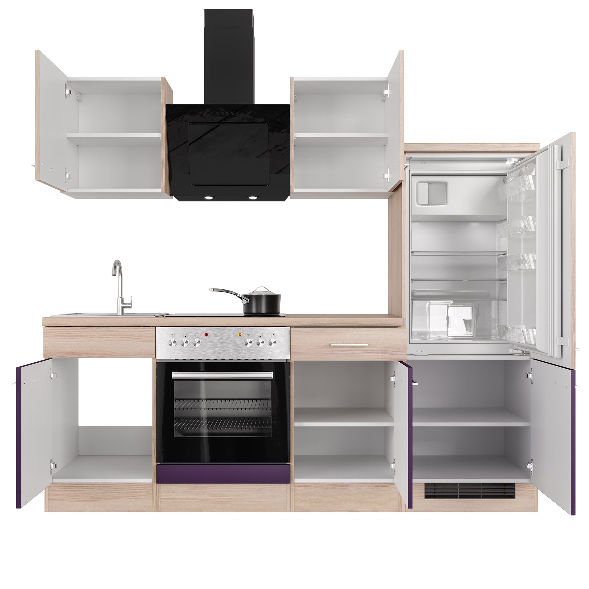 Küchenblock FOCUS - Akazie - Aubergine - mit E-Geräten - 220 cm