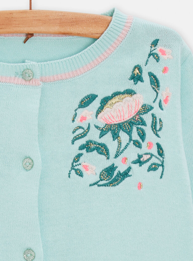 Cardigan vert d'eau à broderies fleuris pour fille