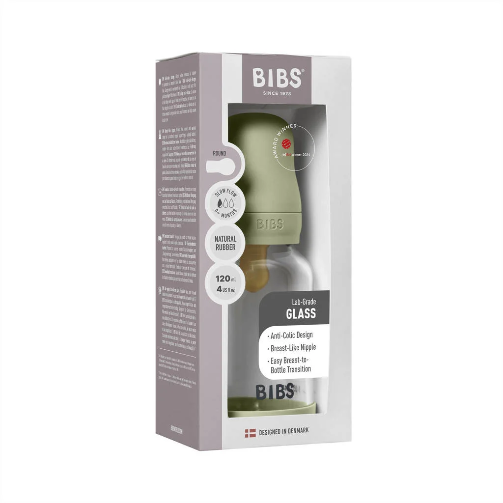 BIBS Glazen Babyfles - 120 ml - Sage - met latex speen en opvouwbare trechtertje