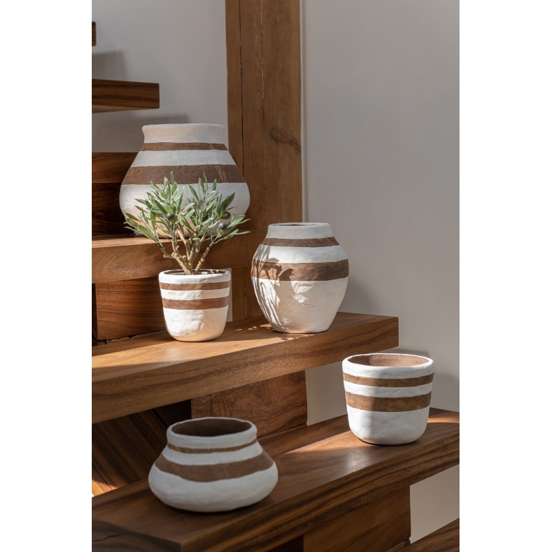 Vase avec bandes marron en céramique blanc 20x20x23 cm
