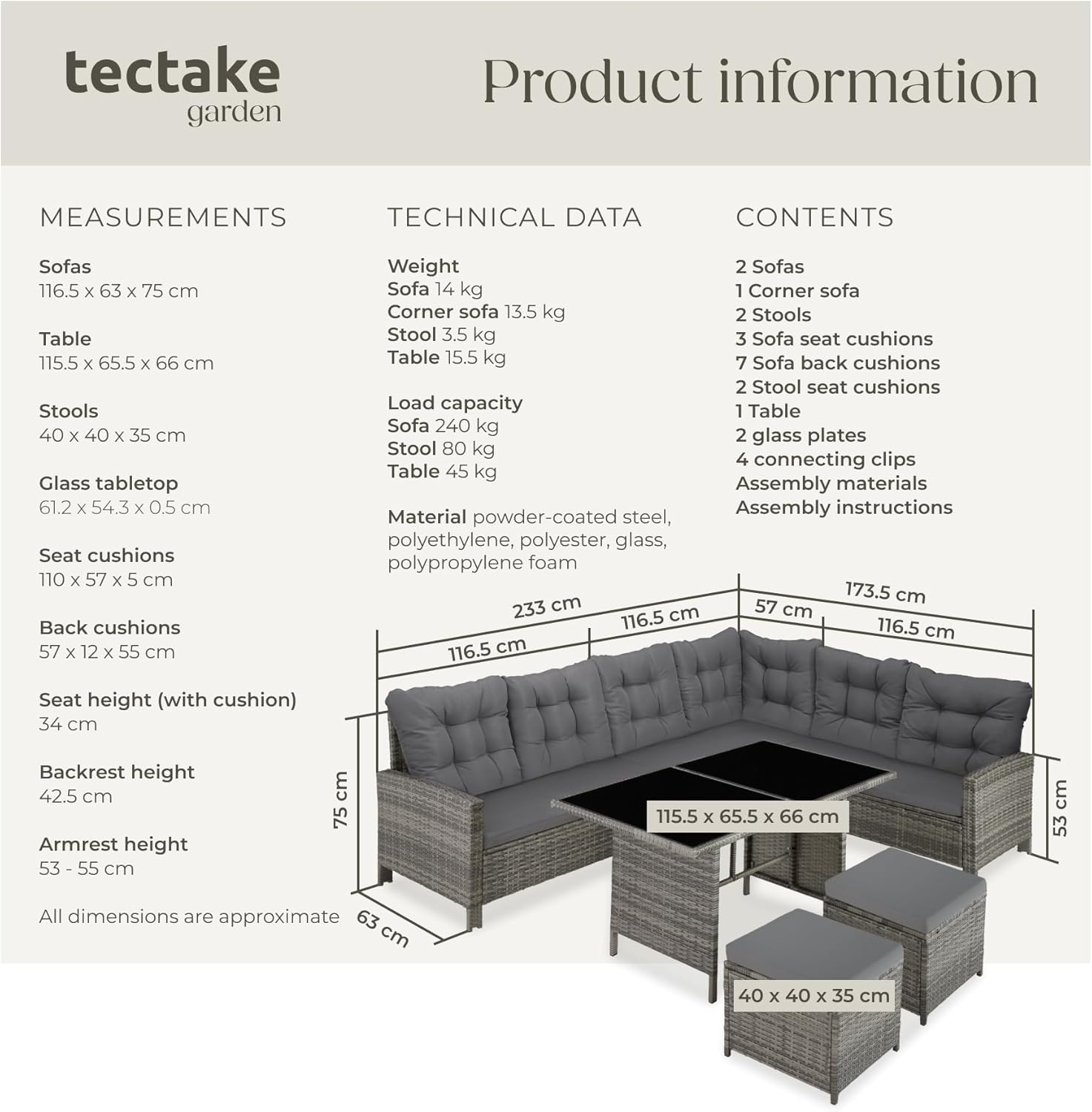tectake Polyrattan Lounge Set, Gartenmöbel Set mit Sofa, Hocker + Tisch, Balkon Möbel Outdoor, 5-teilige Sitzgruppe, inkl. Sitz- & Rückenkissen, ideal für Garten, Terrasse, Balkon - grau/beige