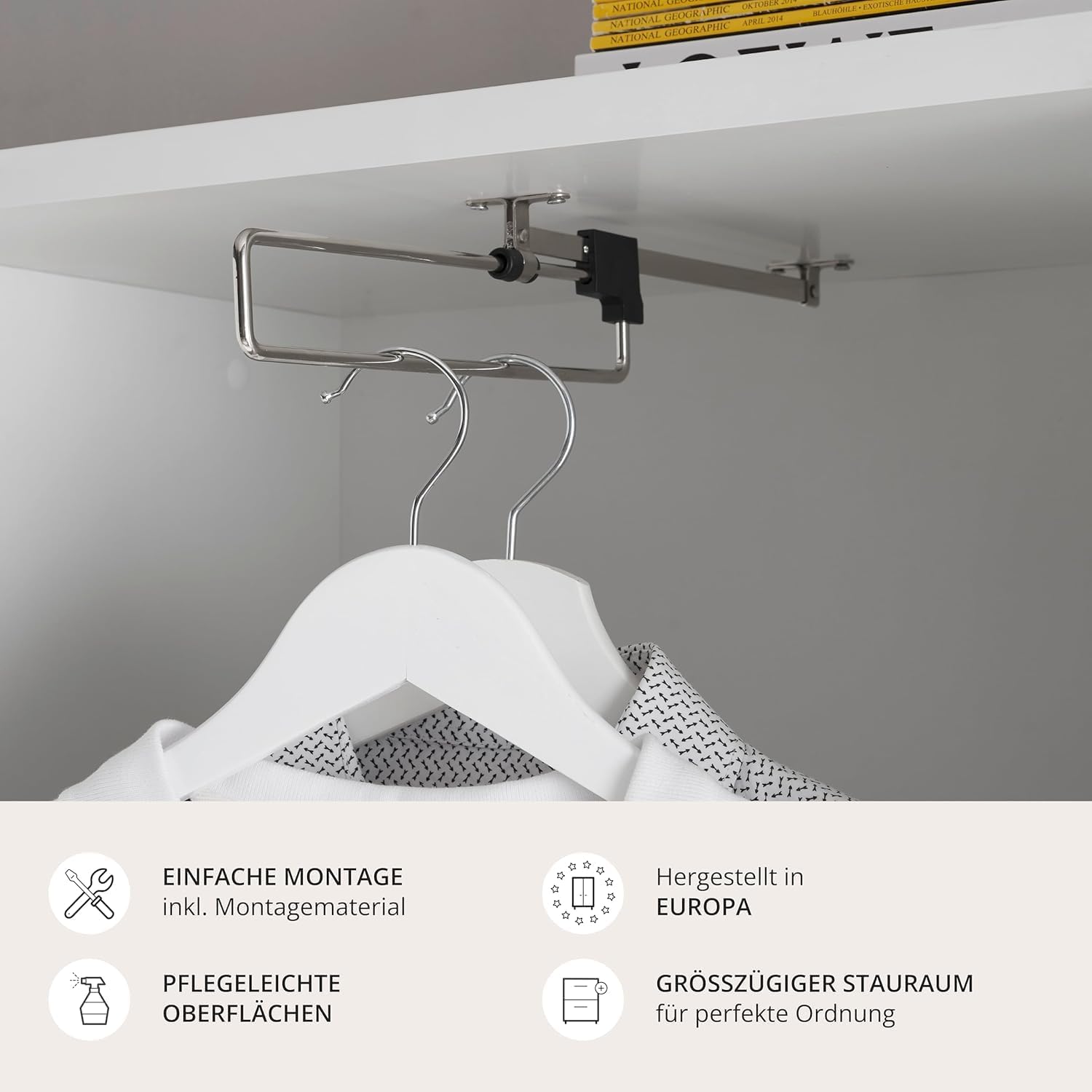 Stella Trading Adeline Kommode – Elegante Schlafzimmer-Kommode mit 2 Türen & 2 Schubkästen in Weiß – stilvolles & funktionales Möbel mit Teleskop-Kleiderstange – 120 x 140 x 38 cm (B/H/T)