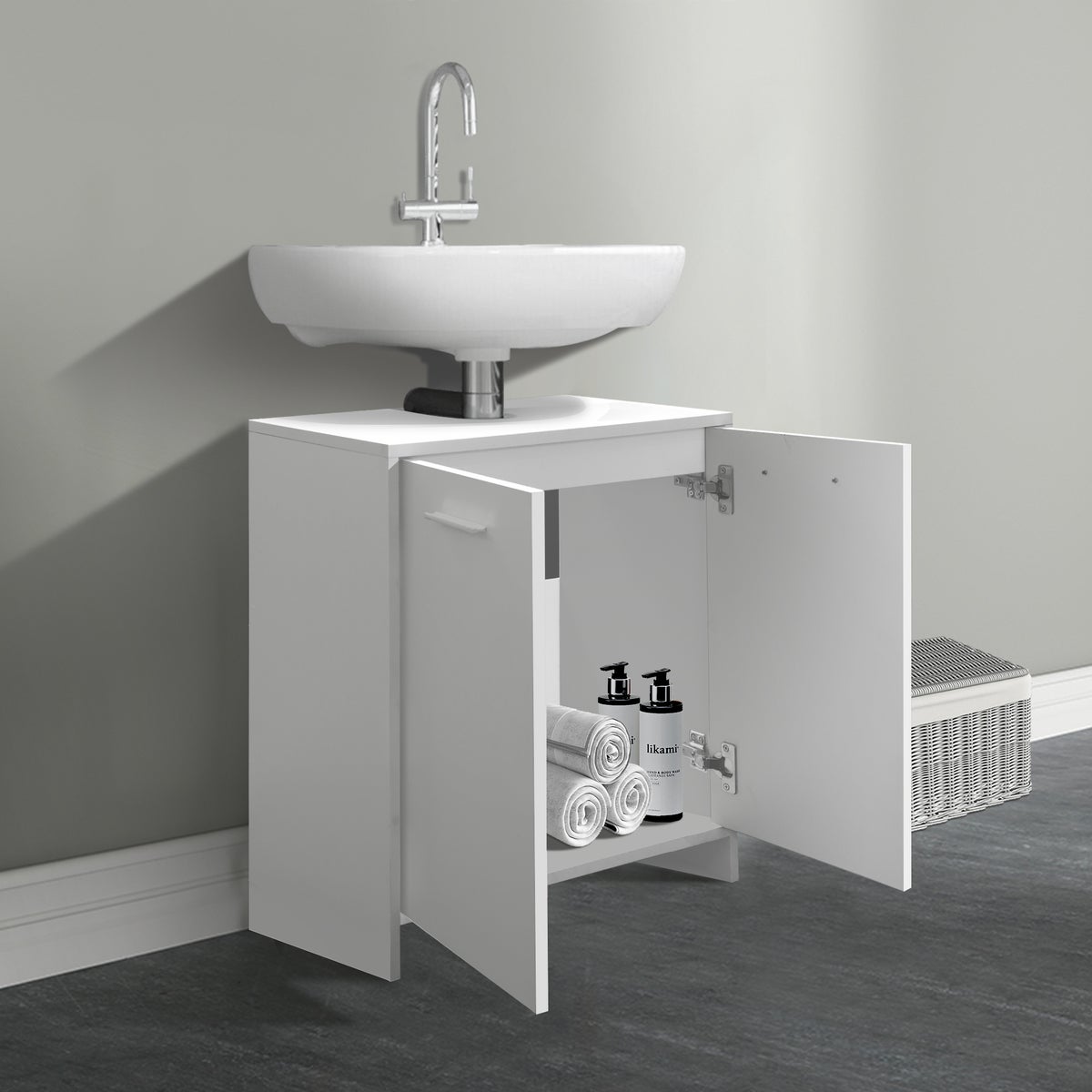 ML-Design 2-delige badkamermeubelset, badkamermeubelset, wastafelmeubel met onderkast, spiegelkast, wandkast, badkamerkast, moderne stijl, wit, hout, opbergruimte