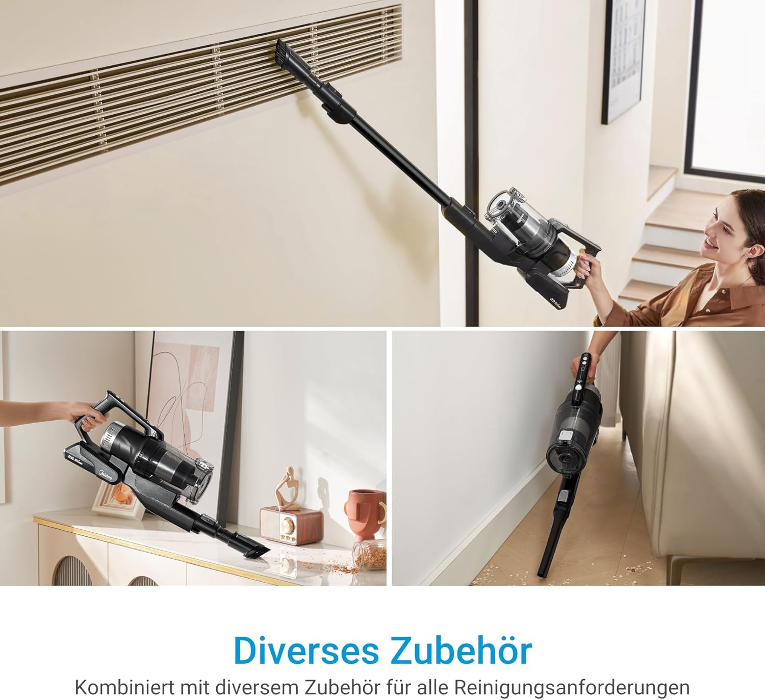 Midea Akku-Staubsauger mit Absaugstation | 350W, bis zu 60 Min Laufzeit | Selbstentleerung, Anti-Tangle Bürste, LED-Düse | HEPA-Filter, Allergiker geeignet | Wechselbarer Akku, Kabellos, Schwarz
