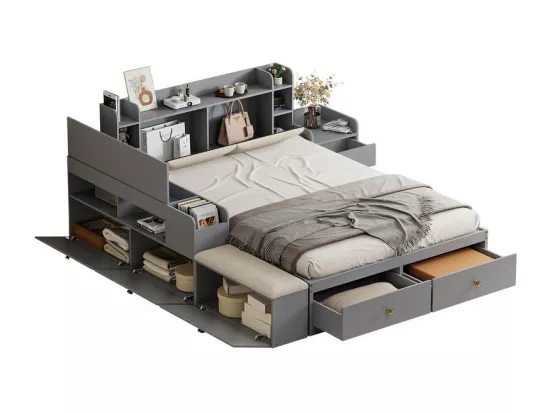 Lit combiné enfant 140 x 200 cm - Avec rangement - Avec 2 tiroirs - Avec table de chevet - Avec grand meuble de rangement - Avec tabouret - Gris (sans matelas)