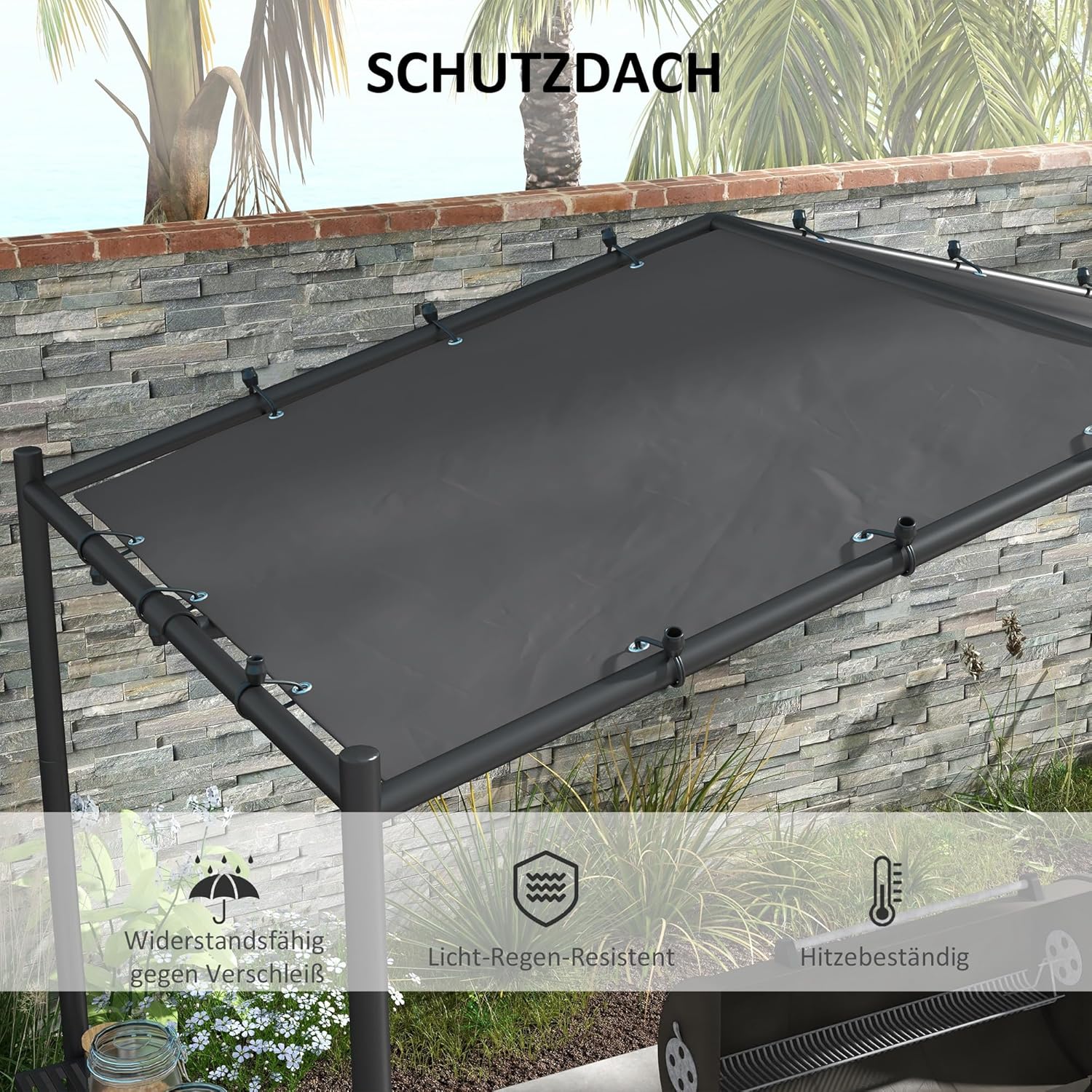 Outsunny Grillpavillon 277 x 149 x 230 cm wasserdicht flammhemmend Gartenpavillon mit Seitenregalen, Gartenlauben mit UV-Schutz, BBQ Pavillon aus Stahl, Gartenzelt Grillzelt für Party BBQ, Dunkelgrau