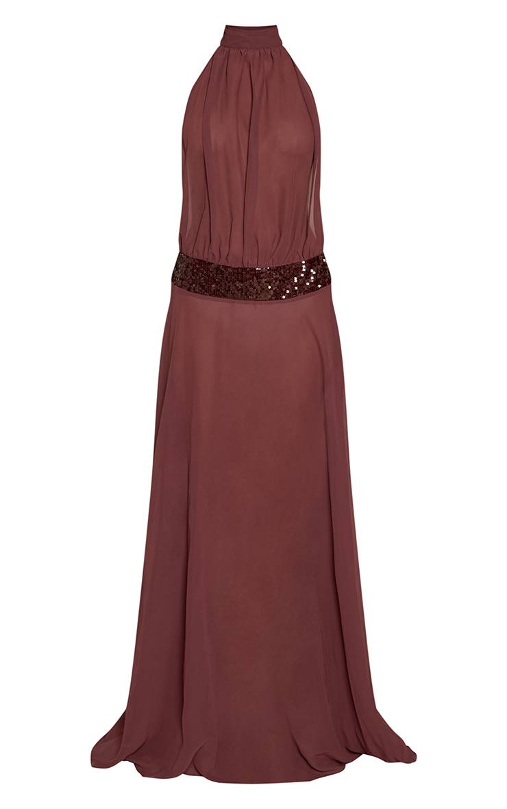 Chocolat Robe Longue En Mousseline Col Montant Avec Ceinture À Sequins