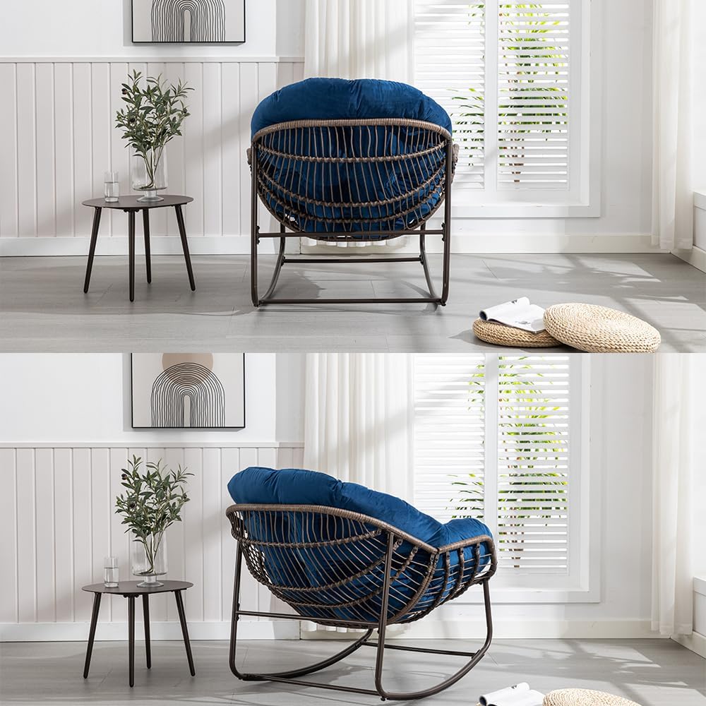 Schaukelstühle 1PCS – Moderner Außengarten-Rocker mit Dicker Polsterung, Oversized Rattan Ei-Schaukelstuhl für Balkon, Terrasse, Garten, Innen & Außenbereich, Tiefblau