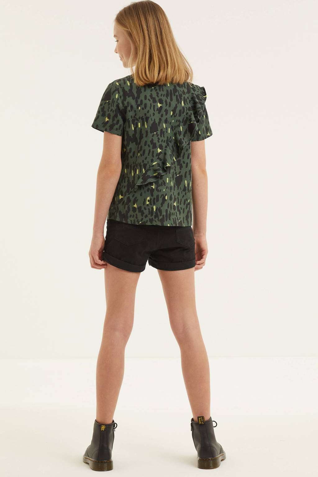 Zigga top met all over print en volant donkergroen/zwart/geel