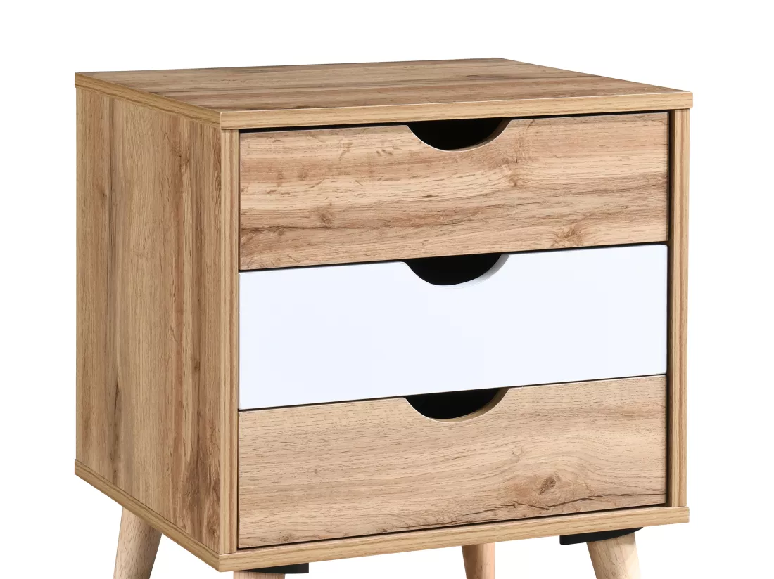 Table de chevet avec 3 tiroirs - Coloris : Naturel et blanc - LURVIA