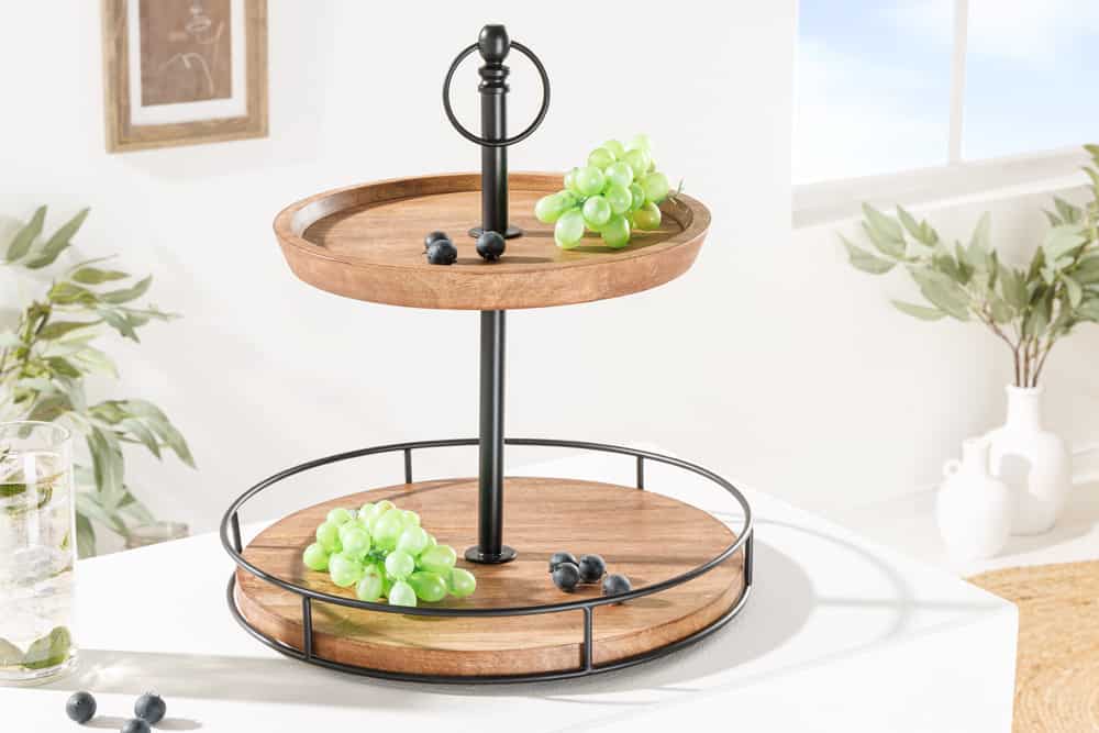 Massivholz Etagere PURE NATURE 40cm Mango rund mit zwei Etagen schwarzes Metall