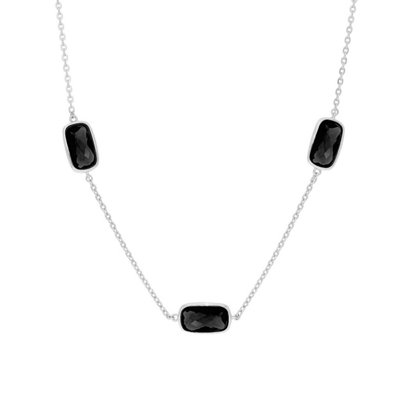 Collier Sautoir Argent Rhodié Galet Cristal Noir