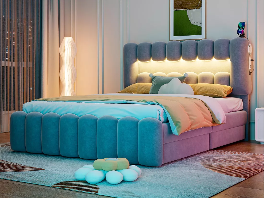 Lit rembourré en velours - 160x200cm - 4 tiroirs + LED + Ports de recharge + Lecteur - Gris