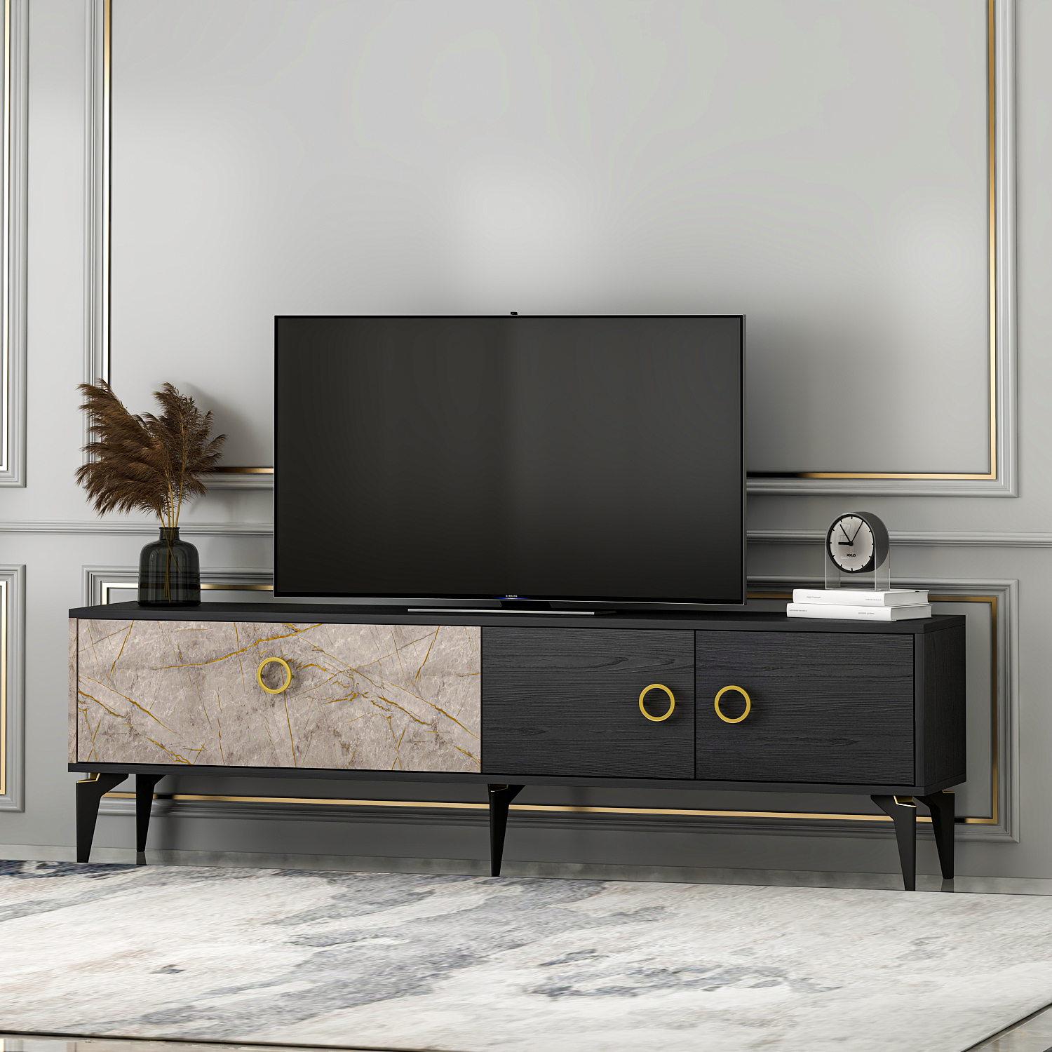 TV-Lowboard - schwarz-beige - 3-türig - 180 cm