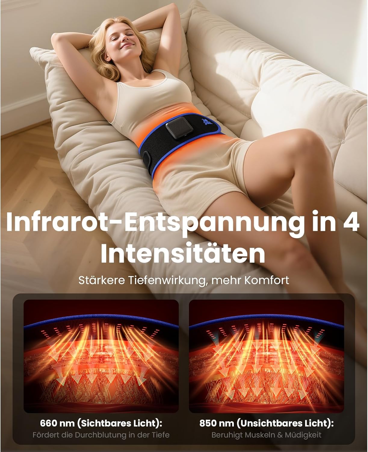 BOB AND BRAD ThermoRed Infrarot Wärmegürtel Rücken mit Rotlicht & Massage - Elektrischer Rückenwärmer mit Tiefenwärme (660nm/850nm), Massagegürtel zur Linderung von Verspannungen für Büro & Alltag