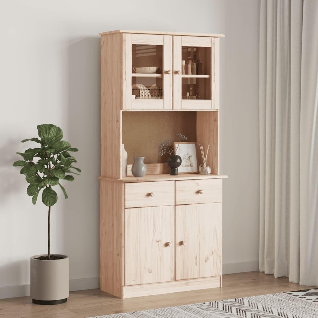 vidaXL Highboard, Kommode mit Schubladen Glastüren, Buffetschrank Vitrinenschrank, Schrank Beistellschrank für Küche Wohnzimmer, Massivholz Kiefer