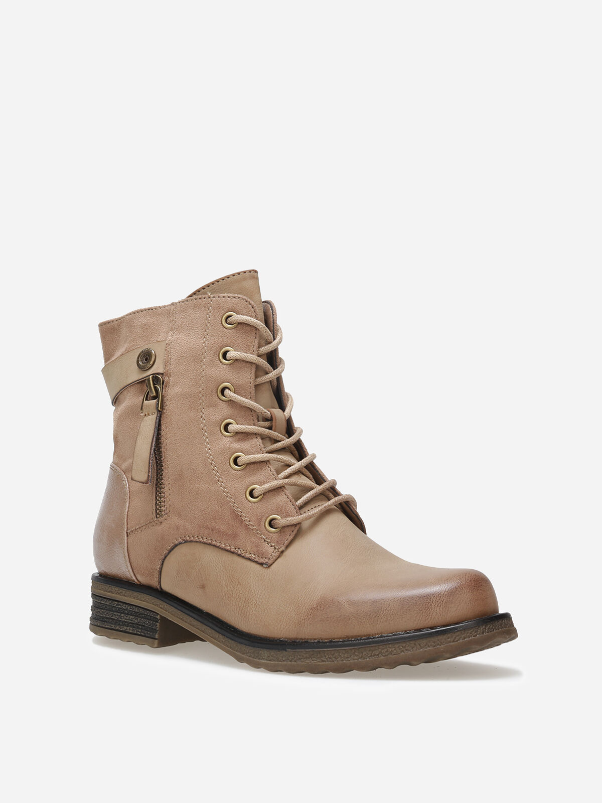 Bottines multi-matières à lacets- Taupe