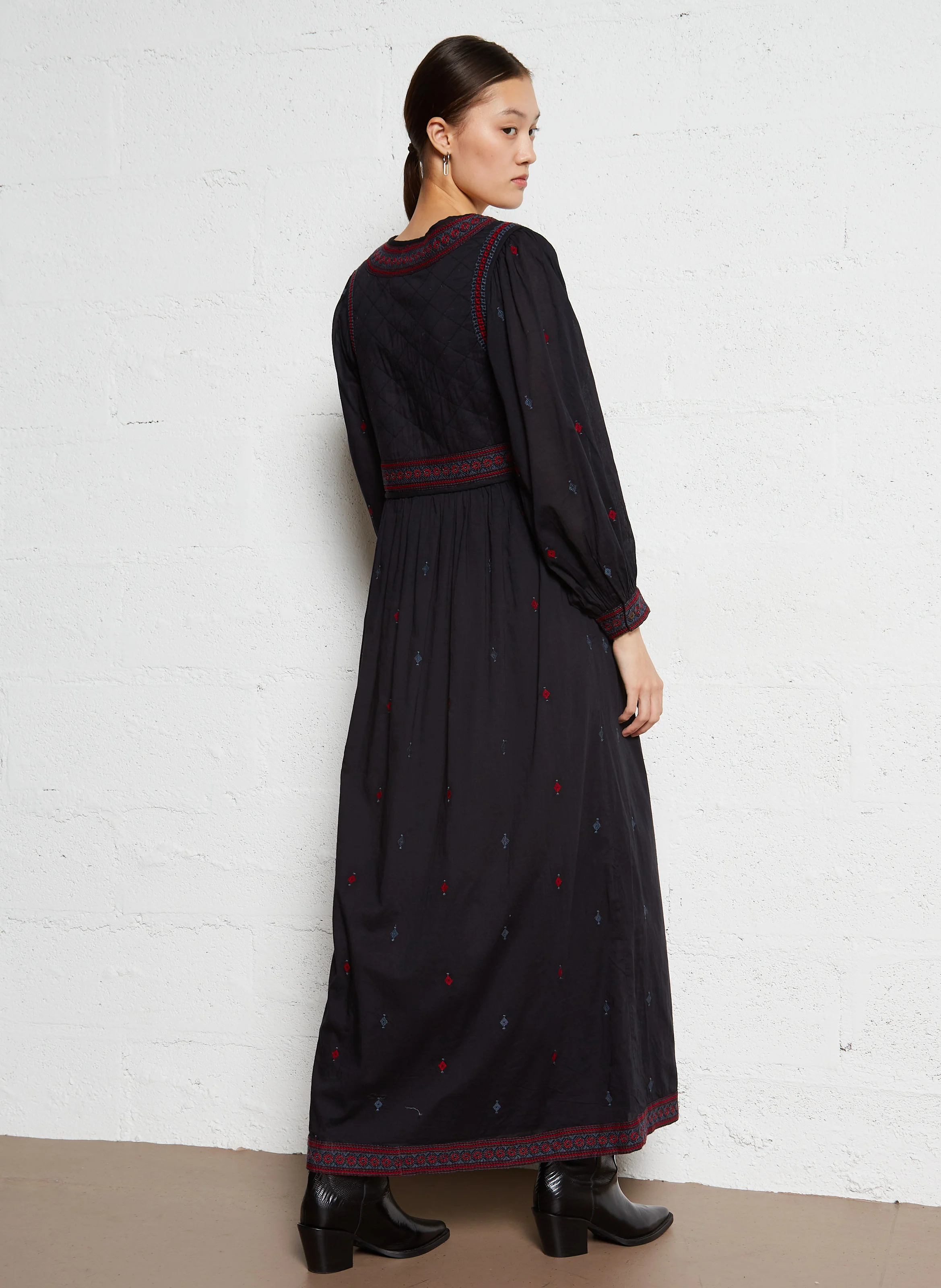 LA BOHÈME DALIDA - Robe longue droite brodée en coton | Bleu