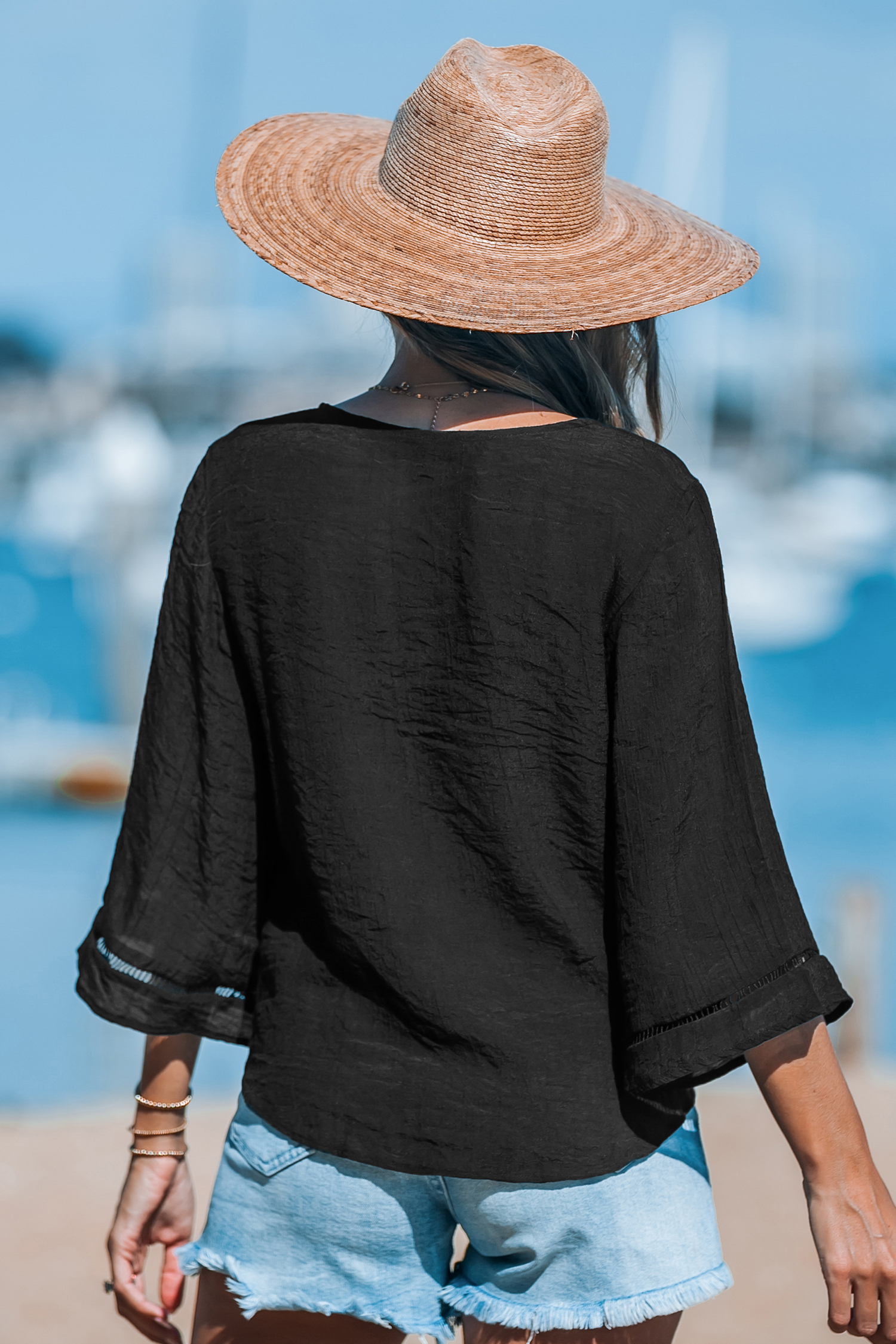 Haut cover up à manches évasées et taille à nouer noir