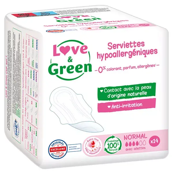 Absorventes higiênicos hipoalergênicos Love & Green, tamanho regular, pacote com 14 unidades